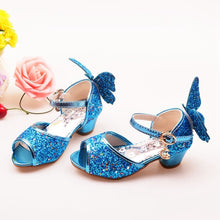 Load image into Gallery viewer, ULKNN Girls Sandals Rhinestone Butterfly pink Latin dance shoes 5-13 years old 6 children 7 summer high Heel Princess shoes kids