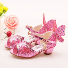 Load image into Gallery viewer, ULKNN Girls Sandals Rhinestone Butterfly pink Latin dance shoes 5-13 years old 6 children 7 summer high Heel Princess shoes kids